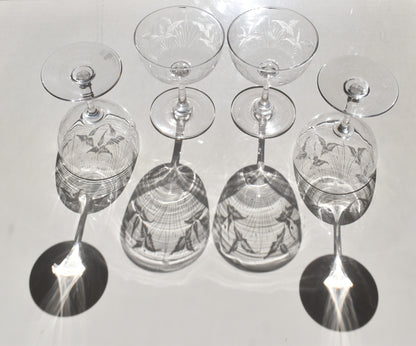 Vintage fern etched champagne coupes. Set of 4