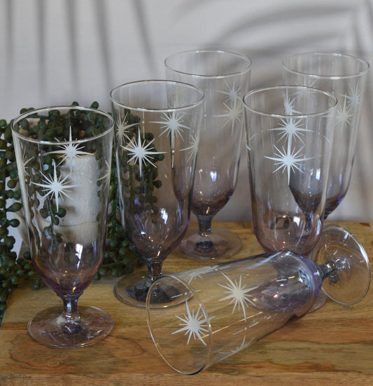 Vintage Crown Corning Atomic Starburst Blue/Pink Parfait/Champagne Glasses Stemware. 1970's - Set of 6