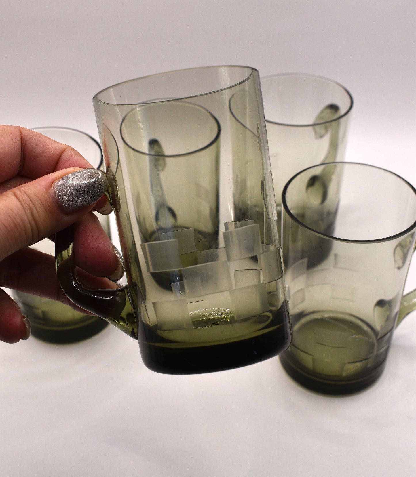 Smokey Olive green glass mugs. Set of 5