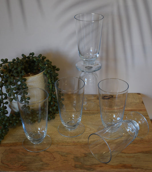 Set of 6 Kosta Boda "Bernadette Blue" Hand Blown Footed Juice Glasses by Vicke Lindstrand - Mid Century Scandinavian Glass