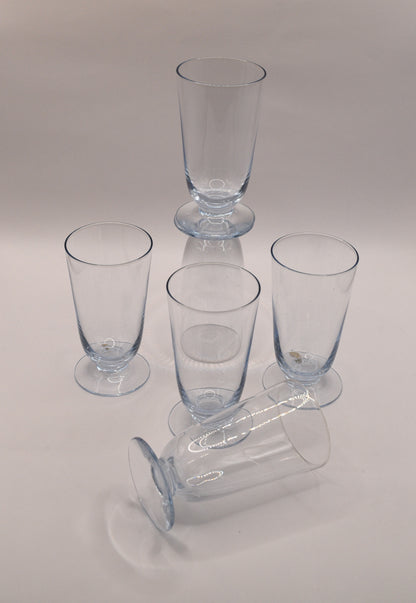 Set of 6 Kosta Boda "Bernadette Blue" Hand Blown Footed Juice Glasses by Vicke Lindstrand - Mid Century Scandinavian Glass