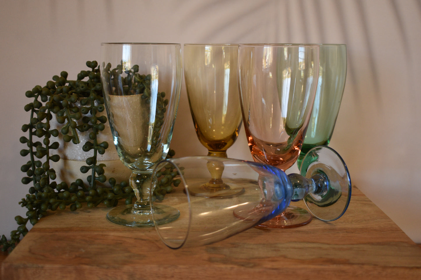 Vintge Retro set of 5 harlequin coloured Wine Glasses.