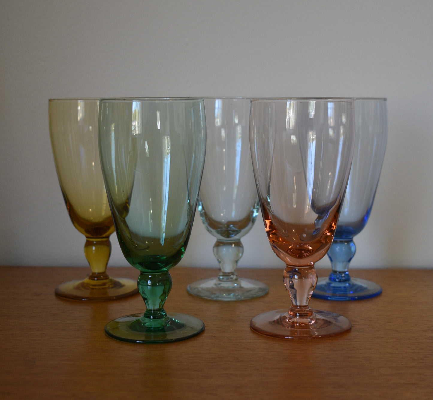 Vintge Retro set of 5 harlequin coloured Wine Glasses.