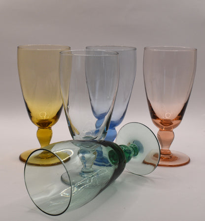 Vintge Retro set of 5 harlequin coloured Wine Glasses.