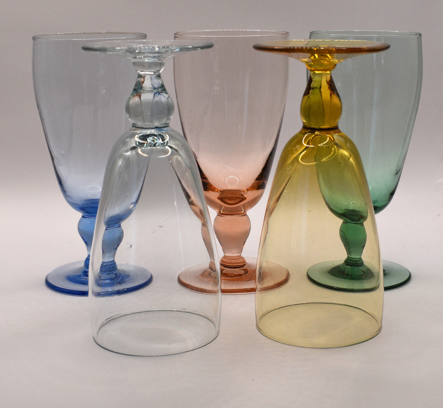 Vintge Retro set of 5 harlequin coloured Wine Glasses.