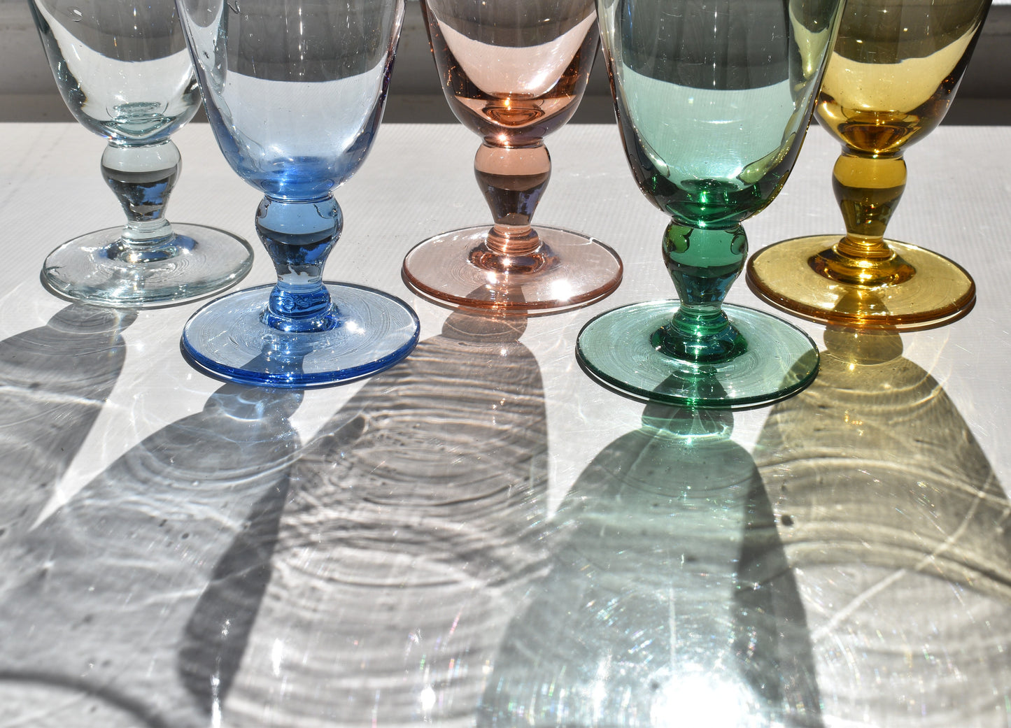 Vintge Retro set of 5 harlequin coloured Wine Glasses.