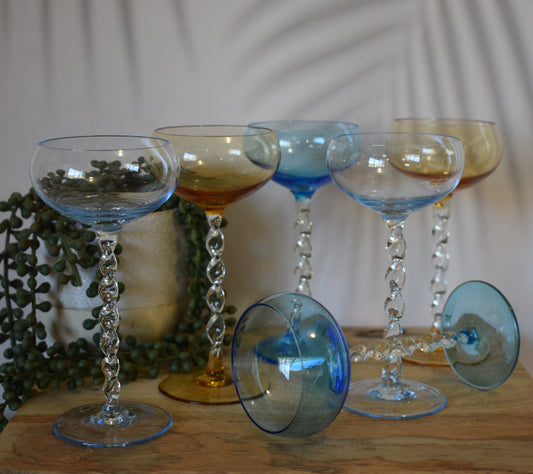 Vintage coloured Twist Stem Glasses. Set of 6