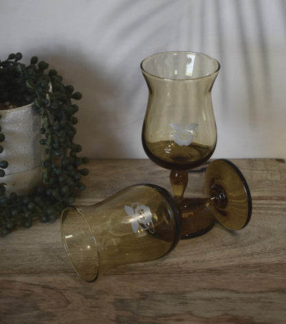 Amber wine goblets with embosed orchid design. Set of 2