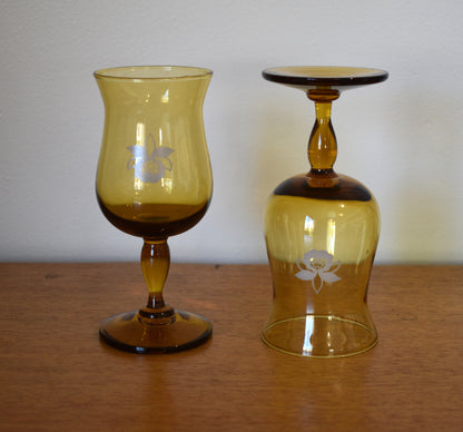 Amber wine goblets with embosed orchid design. Set of 2