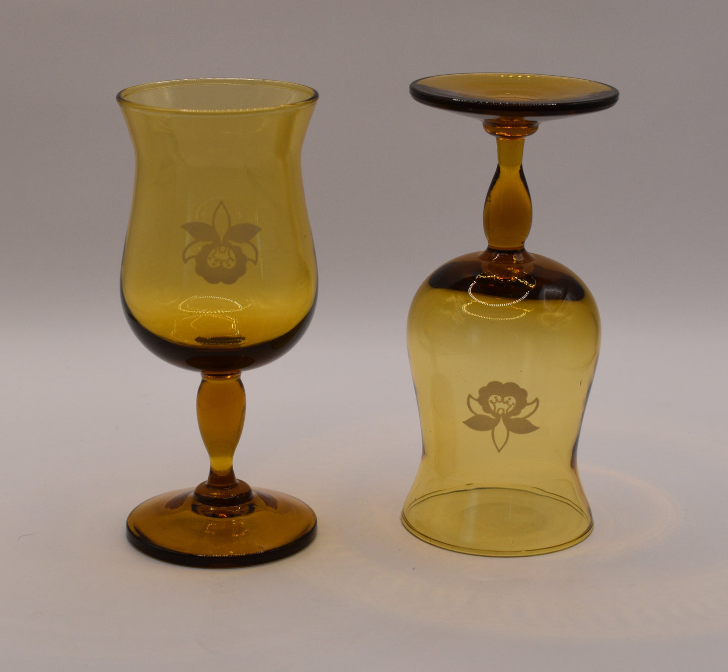 Amber wine goblets with embosed orchid design. Set of 2