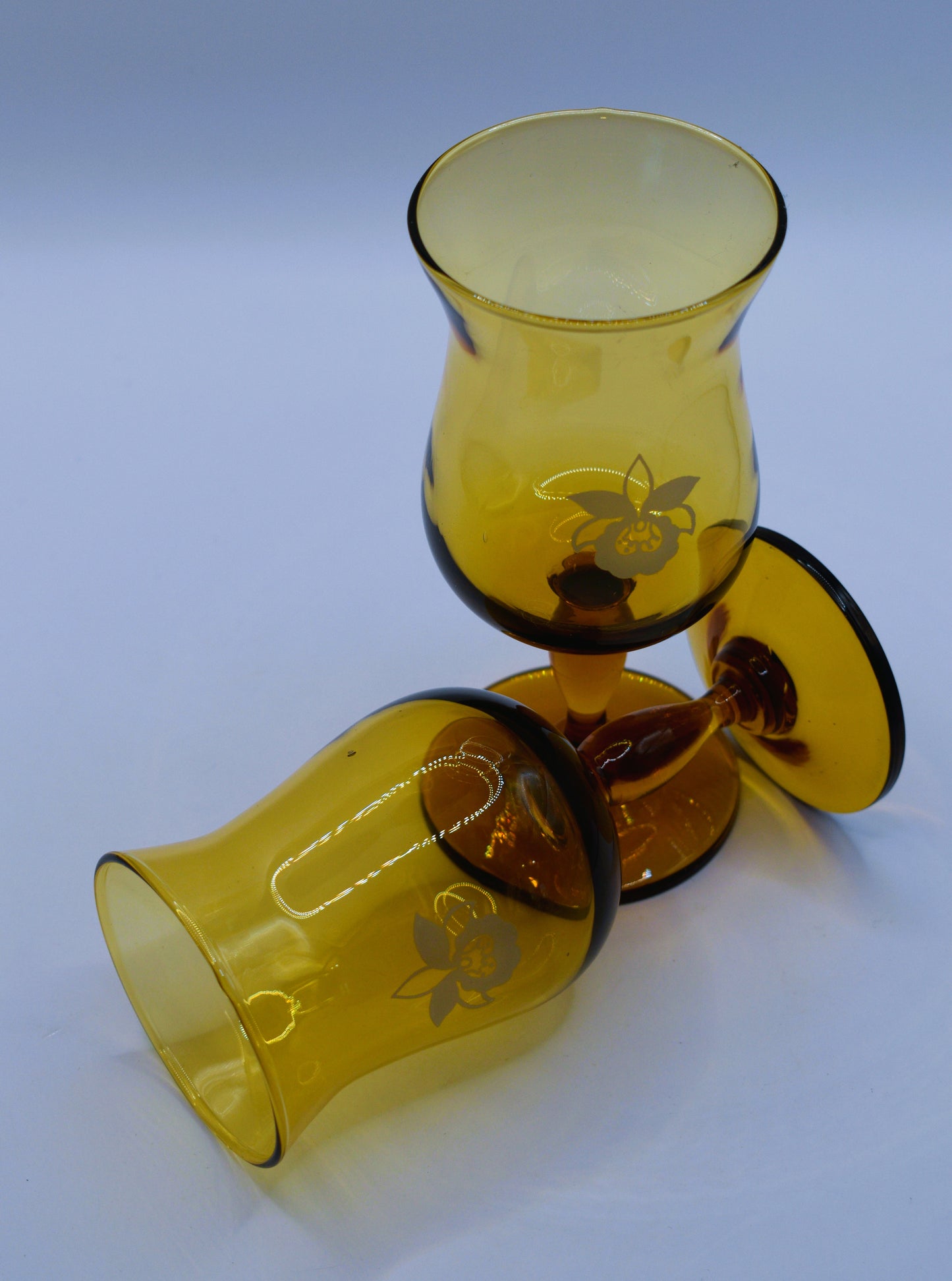 Amber wine goblets with embosed orchid design. Set of 2