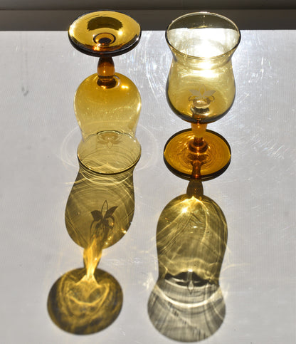 Amber wine goblets with embosed orchid design. Set of 2