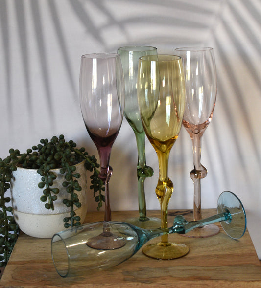 Set of 5 Harlequin coloured Champagne flutes with knotted stems