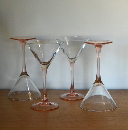 Stunning set of 4 French Vintage Luminarc Martini Glasses with pink stems. Cocktail glass.