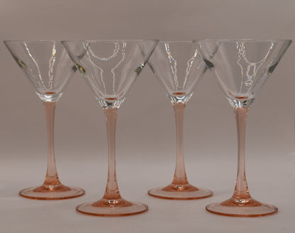 Stunning set of 4 French Vintage Luminarc Martini Glasses with pink stems. Cocktail glass.