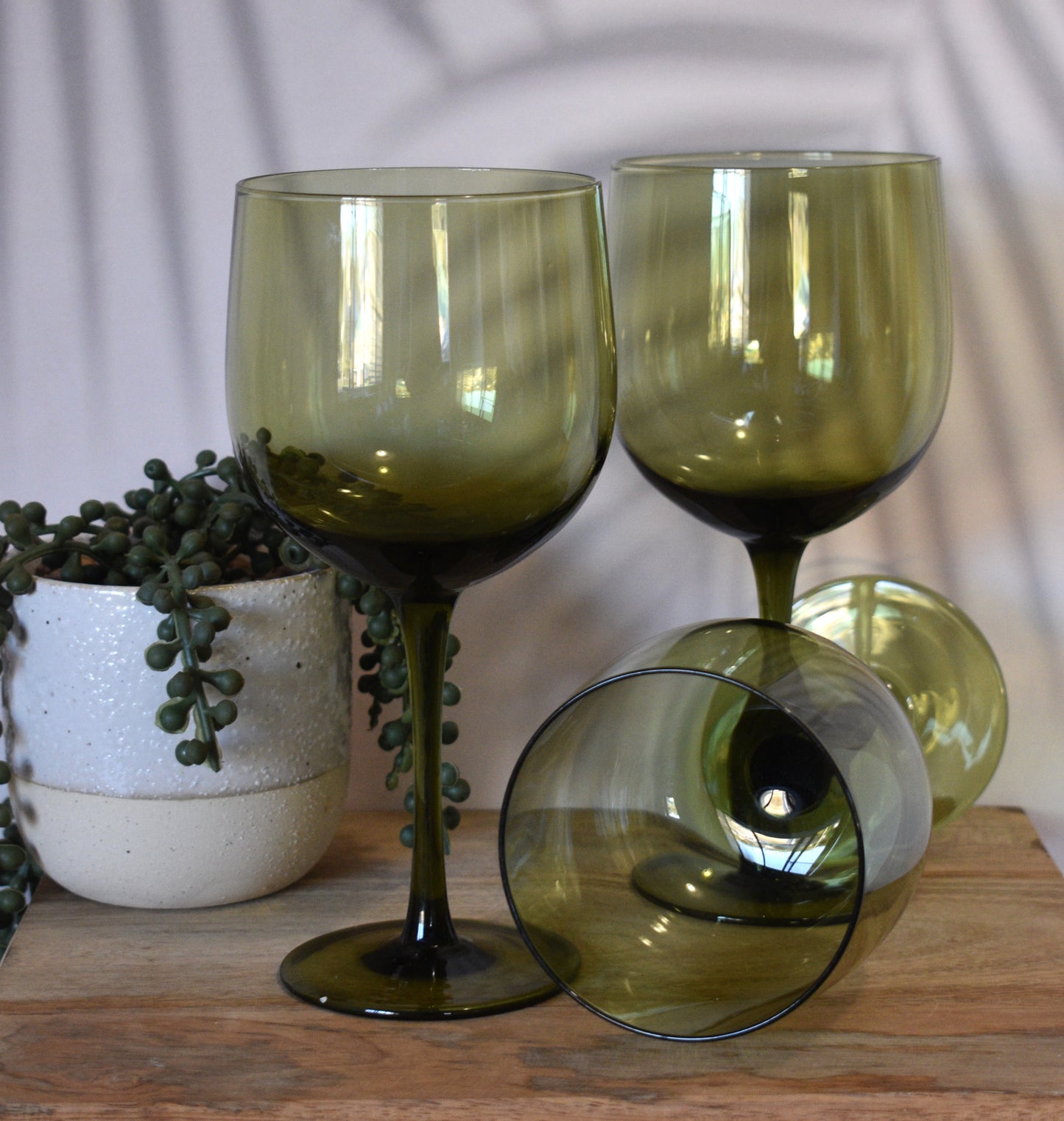 Fabulous Olive Green Wine Goblets. Set of 3