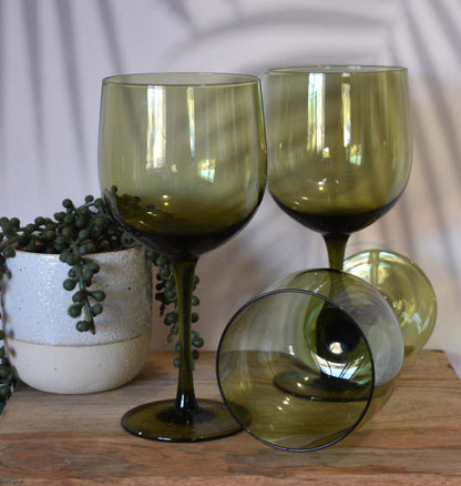 Fabulous Olive Green Wine Goblets. Set of 3