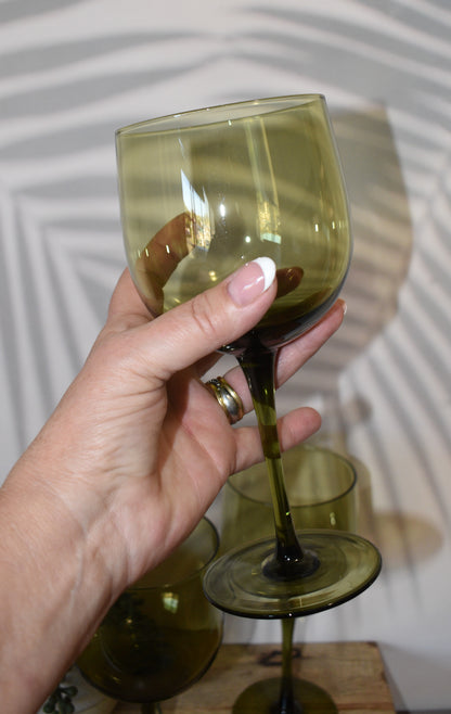 Fabulous Olive Green Wine Goblets. Set of 3