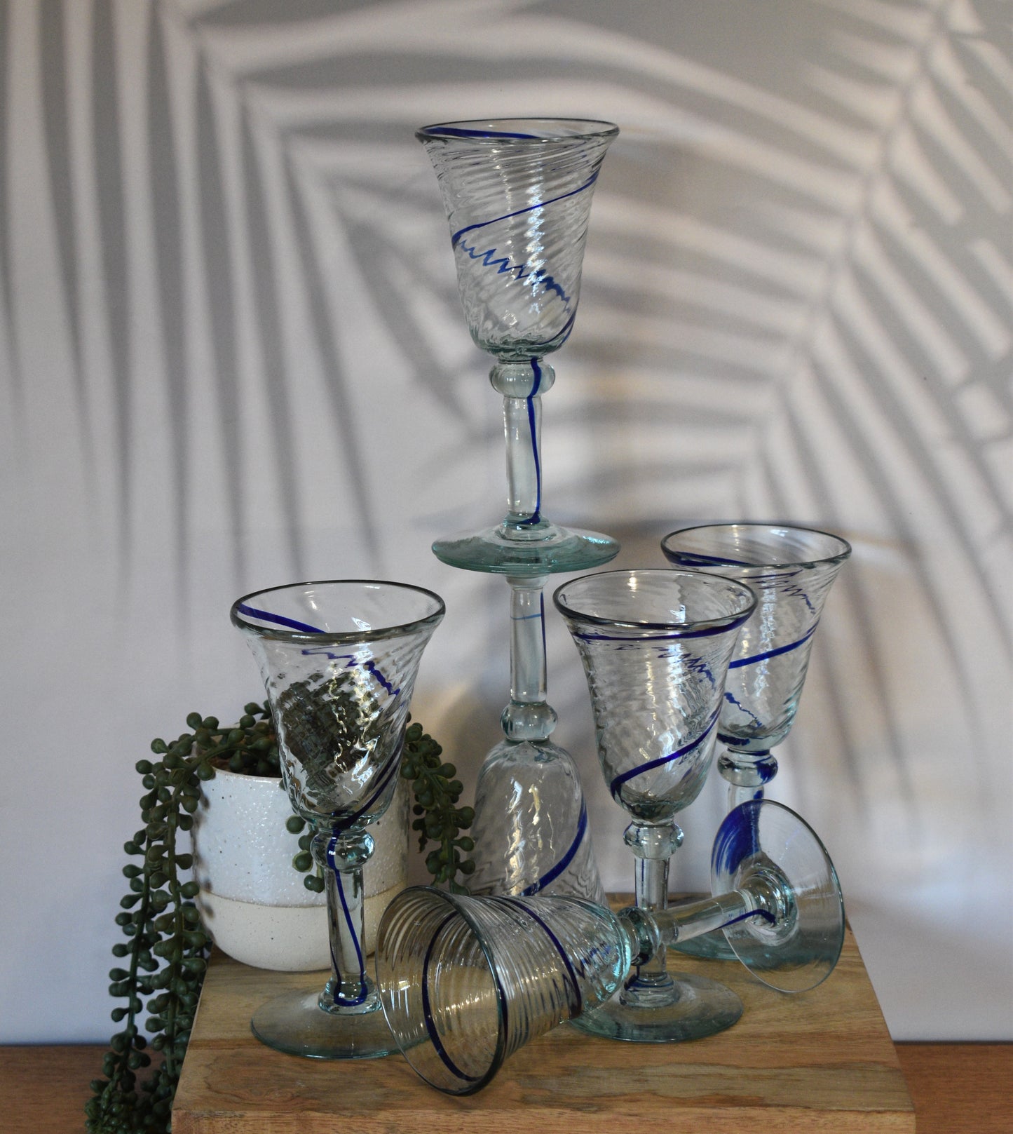 Hand blown Mexican style wine goblets with Cobalt Blue swirl. Set of 6