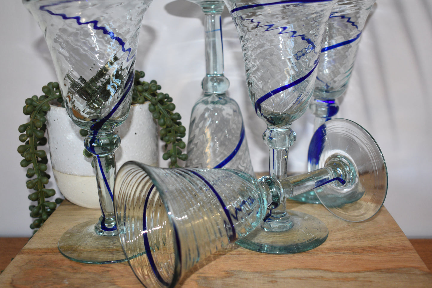 Hand blown Mexican style wine goblets with Cobalt Blue swirl. Set of 6