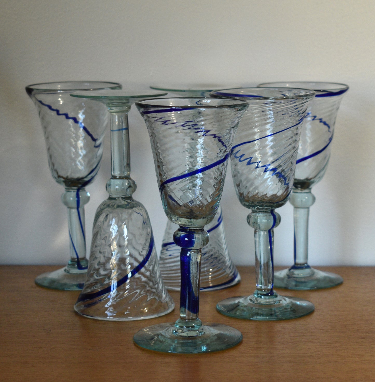 Hand blown Mexican style wine goblets with Cobalt Blue swirl. Set of 6