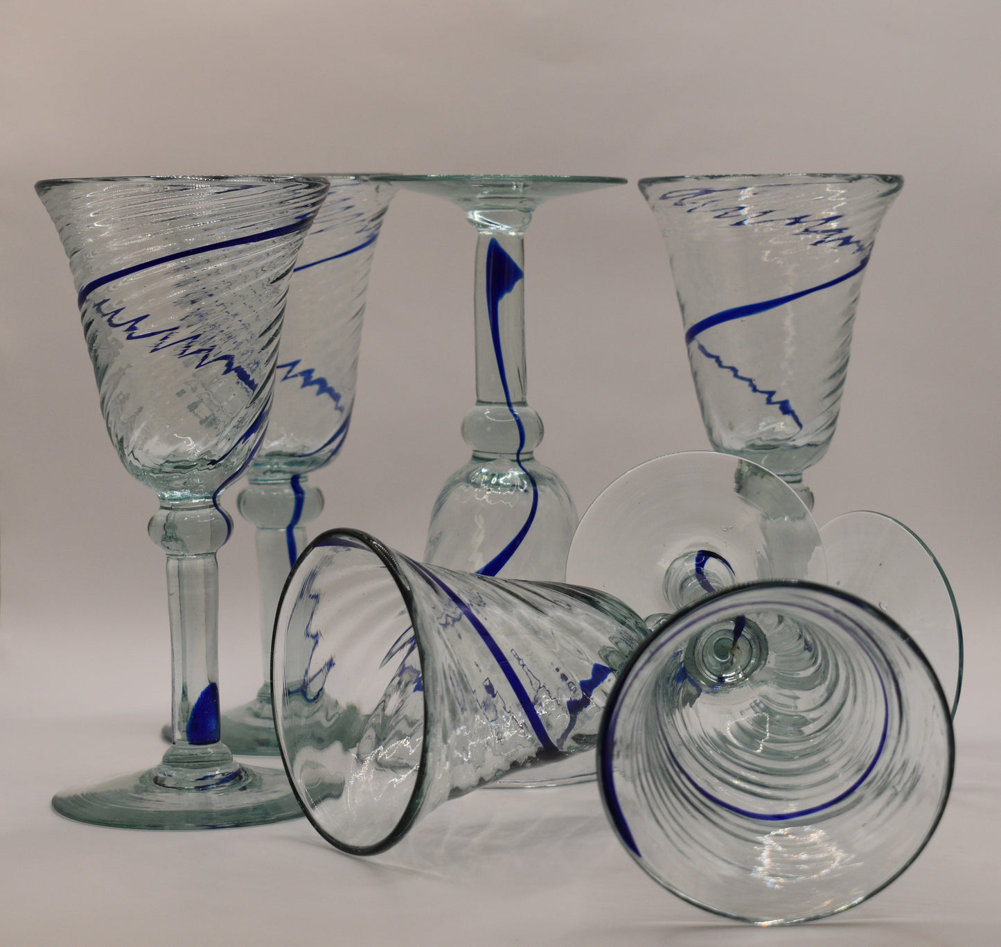 Hand blown Mexican style wine goblets with Cobalt Blue swirl. Set of 6