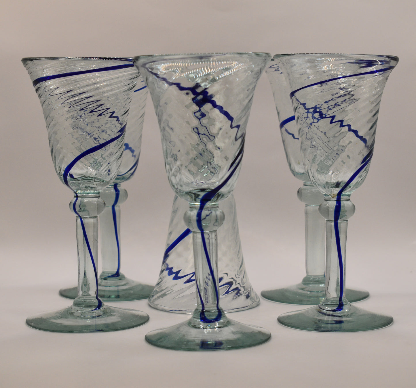 Hand blown Mexican style wine goblets with Cobalt Blue swirl. Set of 6