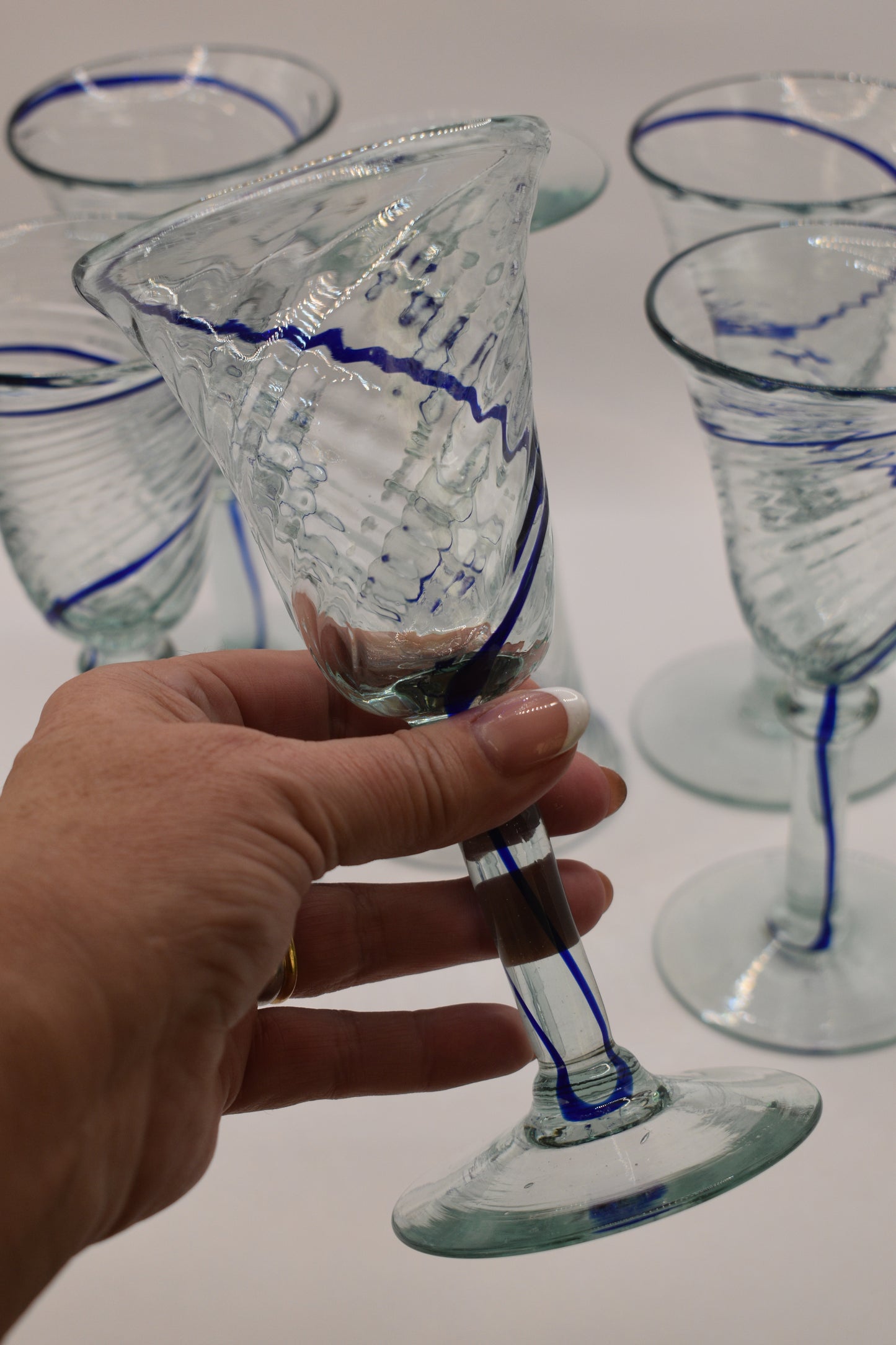 Hand blown Mexican style wine goblets with Cobalt Blue swirl. Set of 6