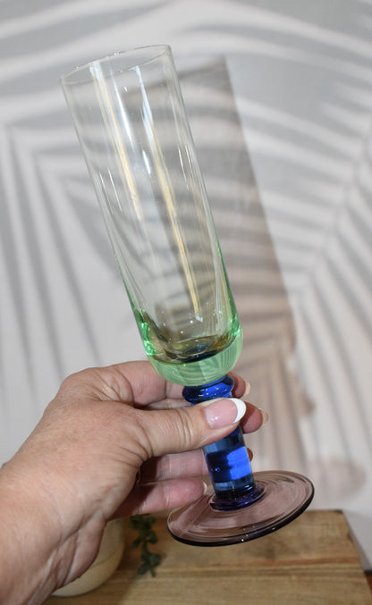 Green glass Champagne Flutes with blue stem and purple foot. Handblown. Set of 5