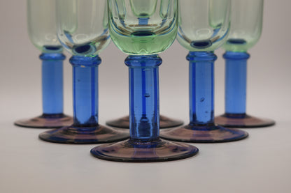 Green glass Champagne Flutes with blue stem and purple foot. Handblown. Set of 5