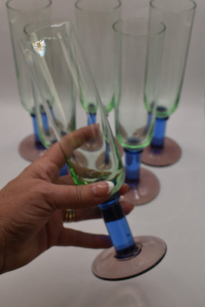 Green glass Champagne Flutes with blue stem and purple foot. Handblown. Set of 5