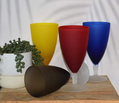 Set of 4 mutli-Coloured Wine Glasses with twisted stems.