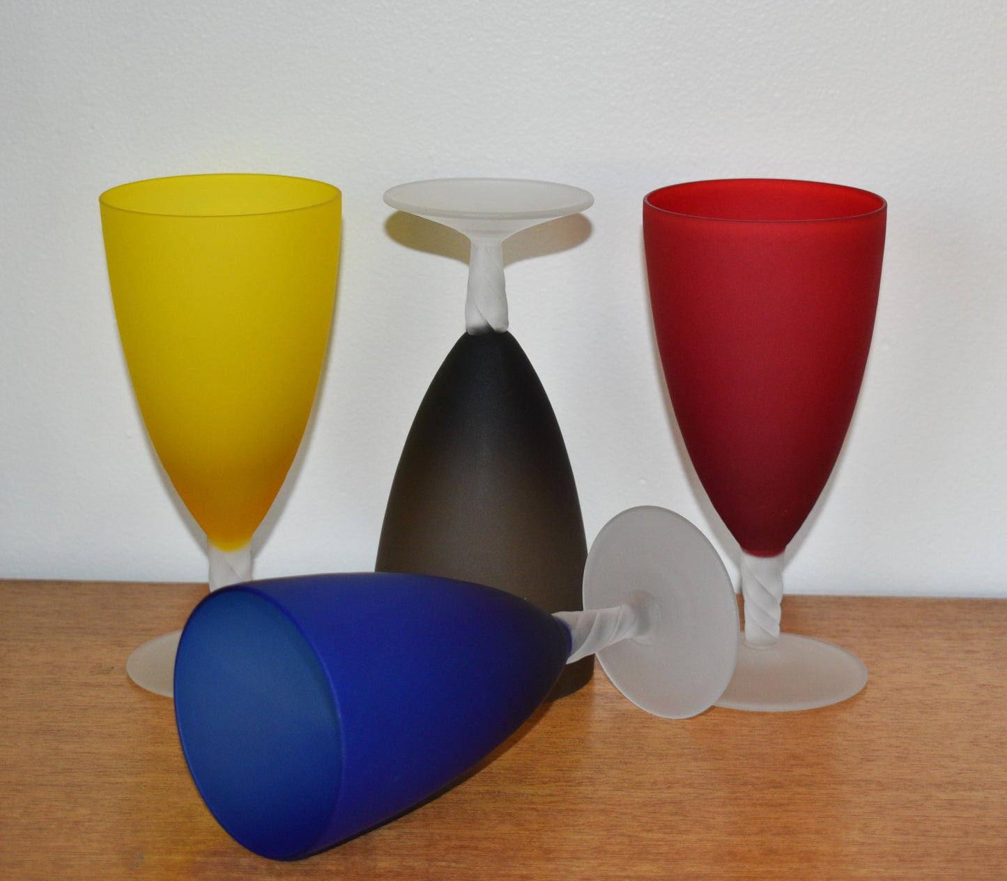 Set of 4 mutli-Coloured Wine Glasses with twisted stems.