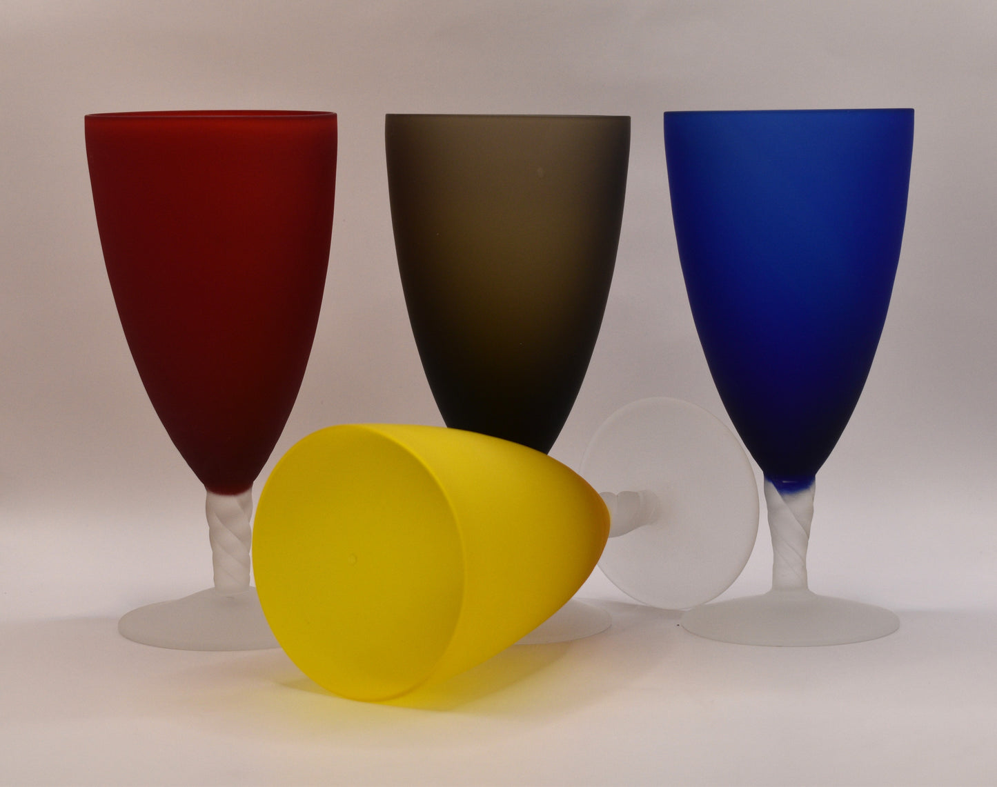 Set of 4 mutli-Coloured Wine Glasses with twisted stems.