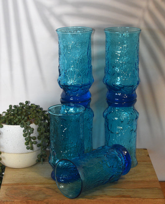 Anchor Hocking Rainflower pattern - Laser Blue Glass Tumblers - Set of 6