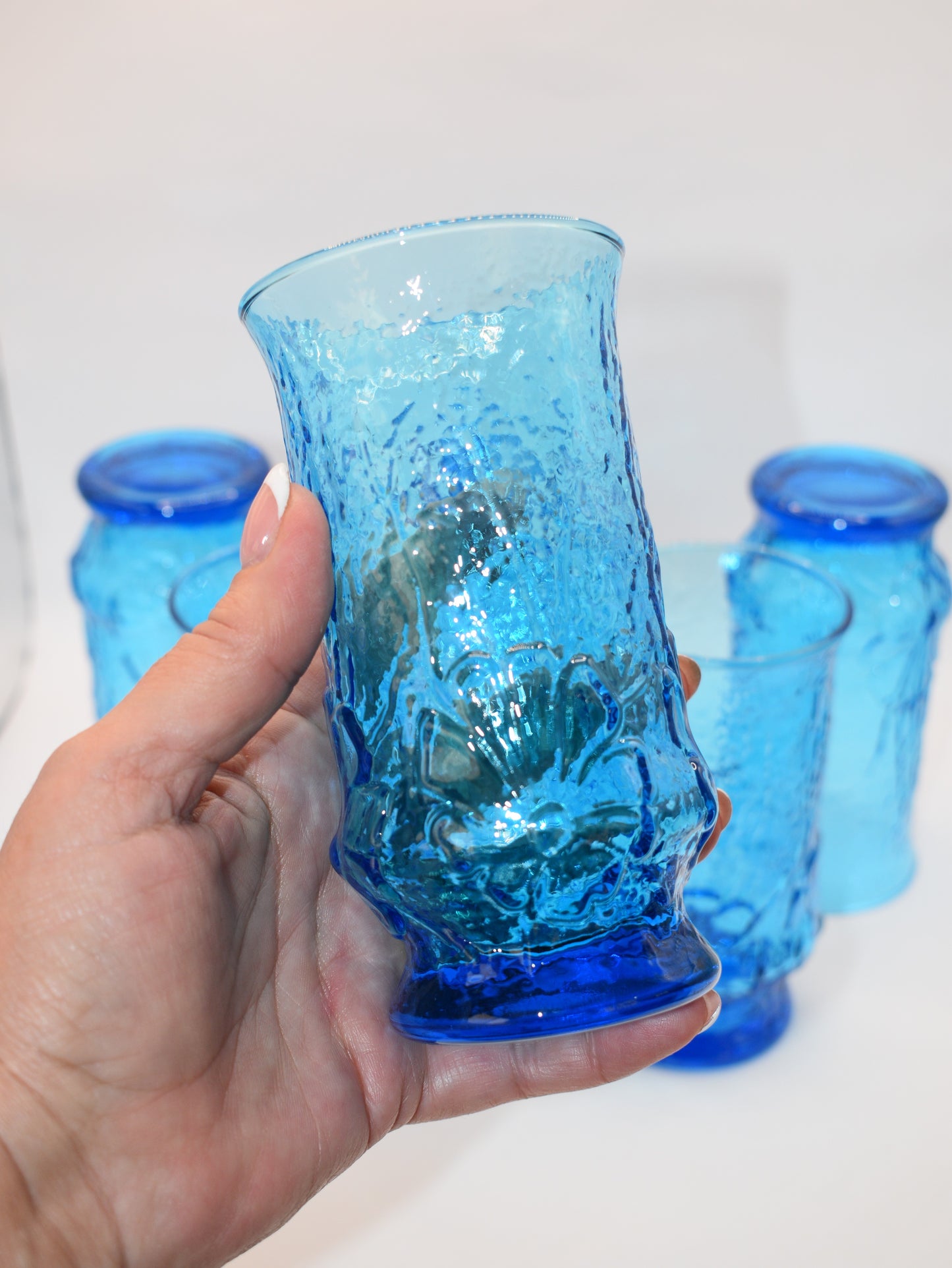 Anchor Hocking Rainflower pattern - Laser Blue Glass Tumblers - Set of 6