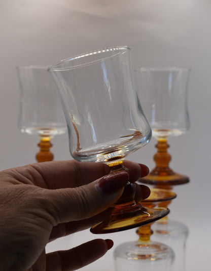 Amber stem Liqueur/Dessert Wine glasses. Made in France . Set of 6