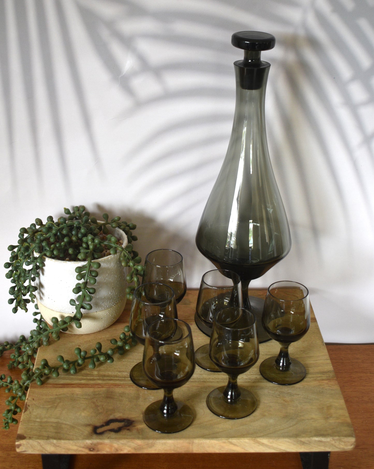 Italian Mid Century smokey grey glass decanter stem base with 6 matching liqueur glasses