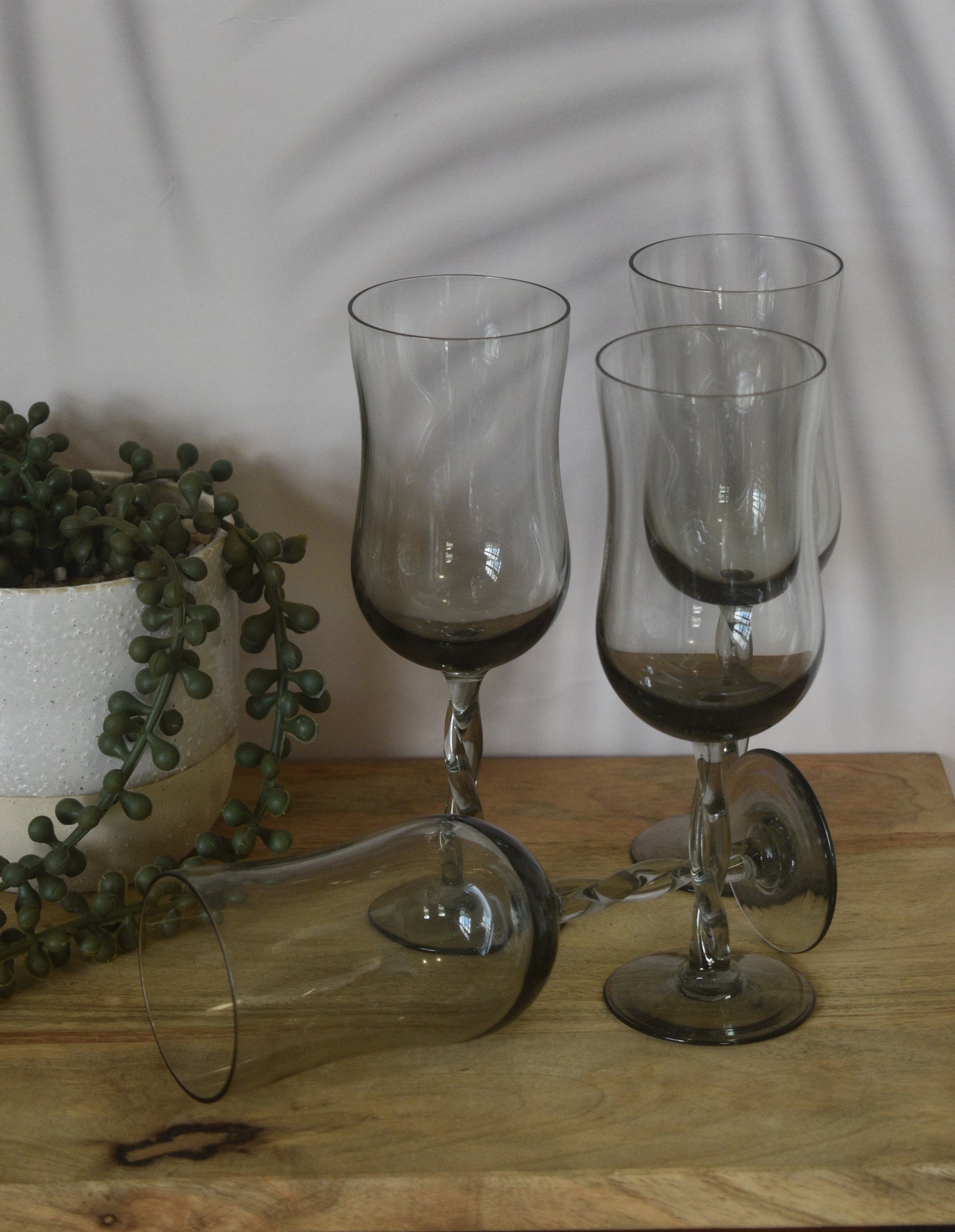 Smokey Grey Wine/Champagne Glasses with twisted stem. Set of 4