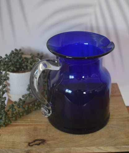 Handblown Art Glass Pitcher Vase Cobalt Blue with Clear applied handle