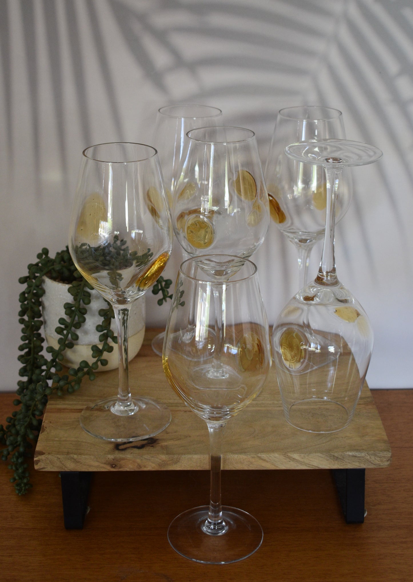 Tall stemmed Wine Glasses with Amber Dots. Set of 6