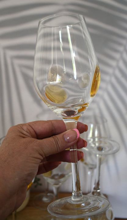 Tall stemmed Wine Glasses with Amber Dots. Set of 6