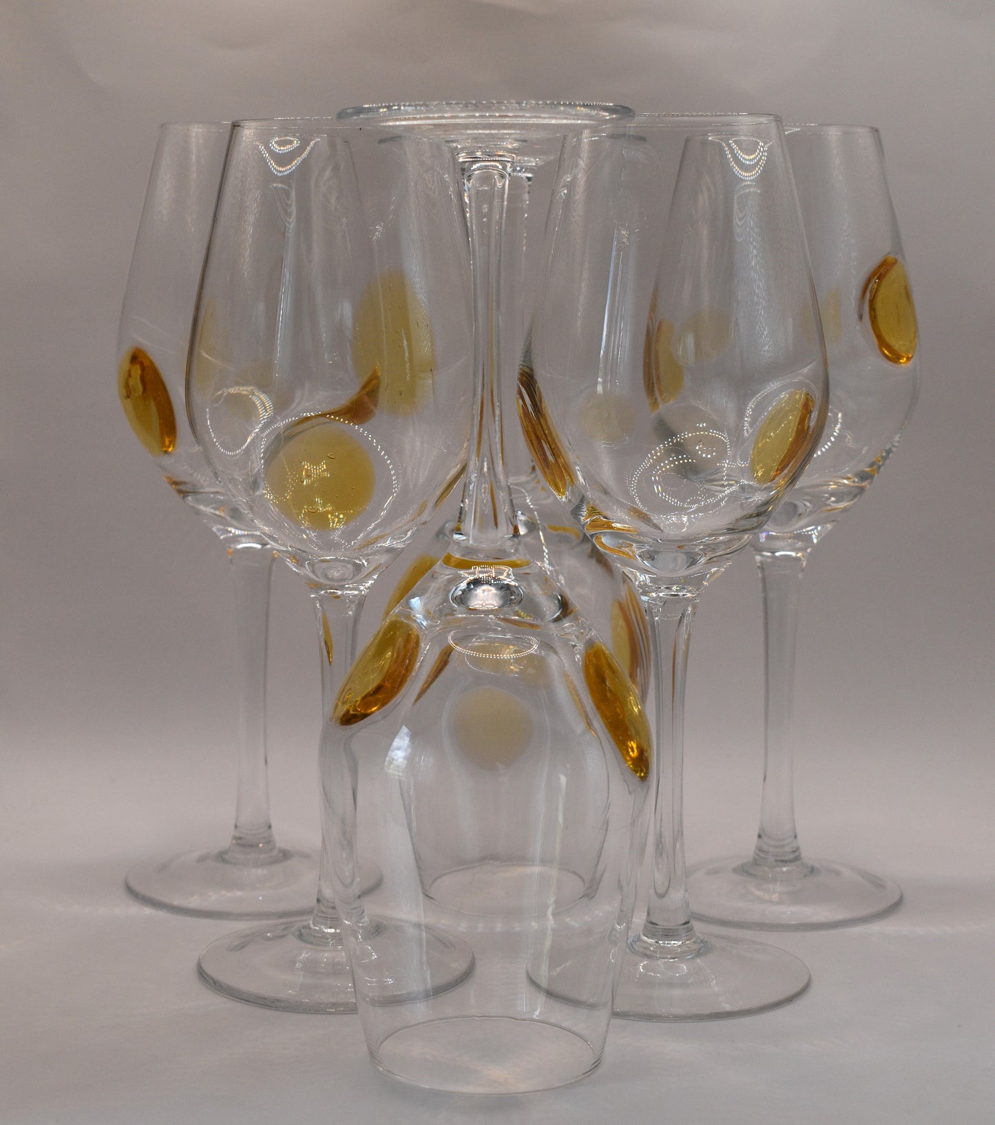 Tall stemmed Wine Glasses with Amber Dots. Set of 6