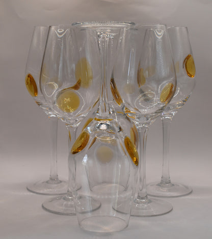 Tall stemmed Wine Glasses with Amber Dots. Set of 6