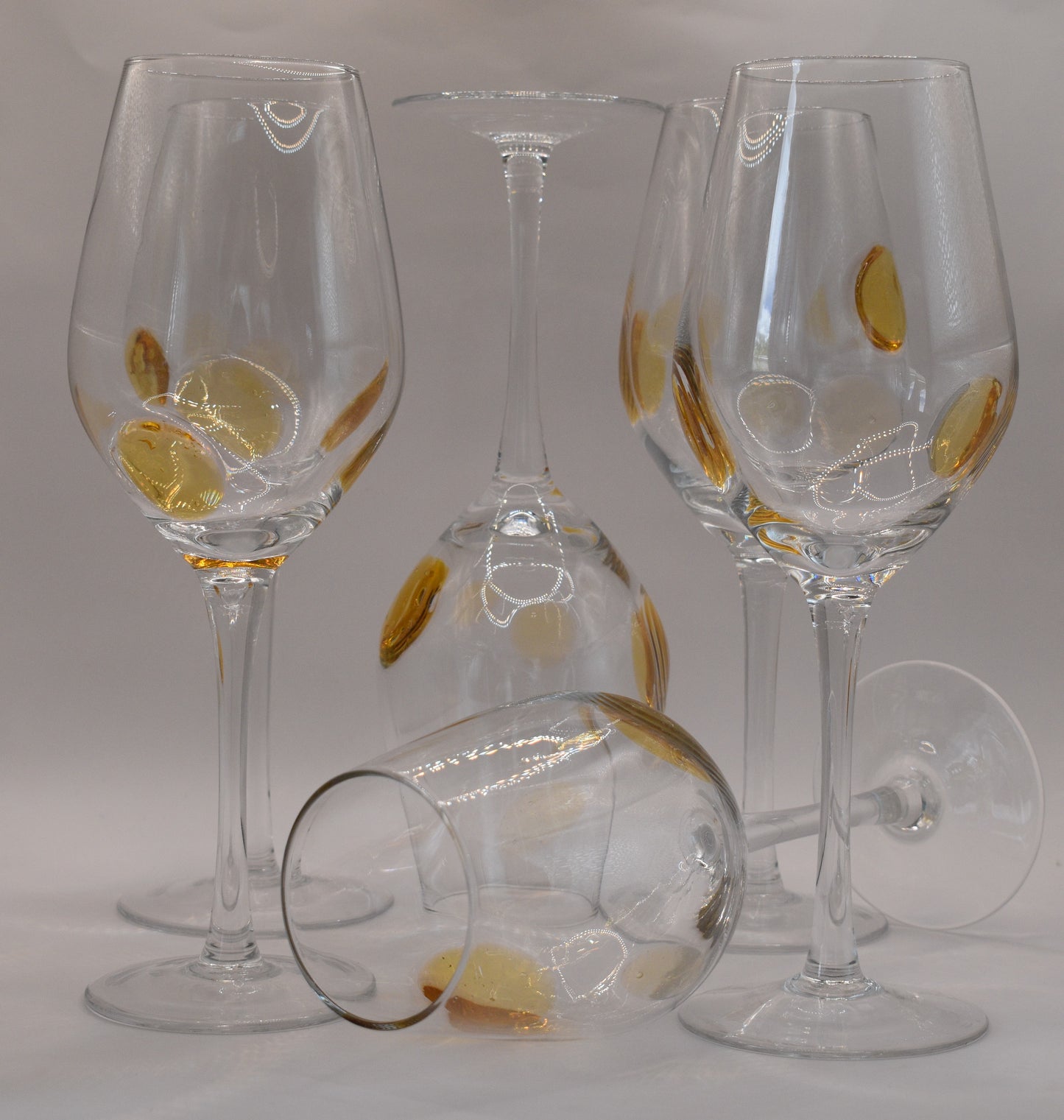 Tall stemmed Wine Glasses with Amber Dots. Set of 6