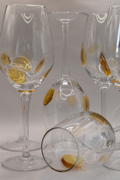 Tall stemmed Wine Glasses with Amber Dots. Set of 6