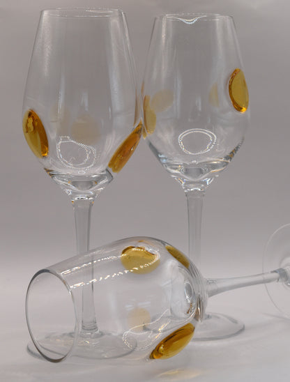 Tall stemmed Wine Glasses with Amber Dots. Set of 6