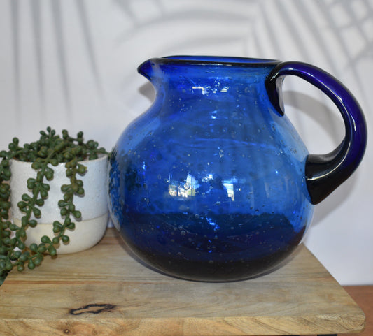 Large Cobalt Blue Mexican Glass Pitcher