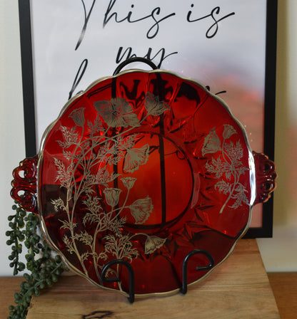 Vintage New Martinsville Ruby Red "Janice" Silver overlay poppy handled cake plate