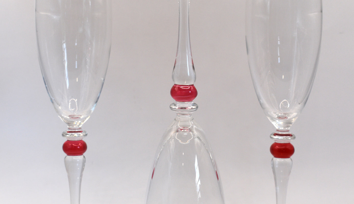 Cortina Red by Cristal D'Arques-Duraid. Champagne Flute with red wafer stem. Set of 3